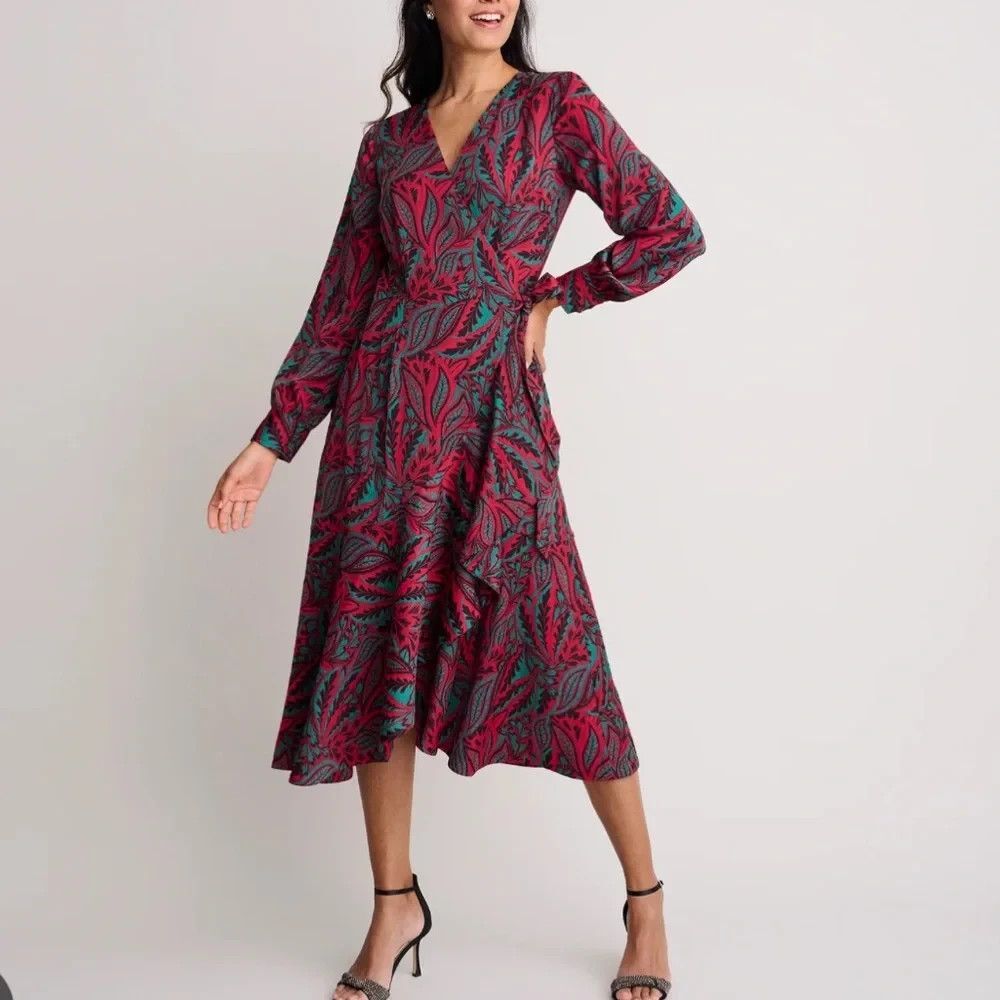 Untuckit for Her Kayla Red Green Paisley Satin Wrap Midi Dress Sz 8